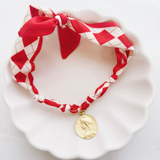 Red Checkered French Coin Scarf Necklace