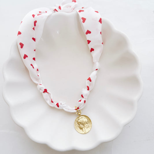 Red Hearts French Coin Scarf Necklace