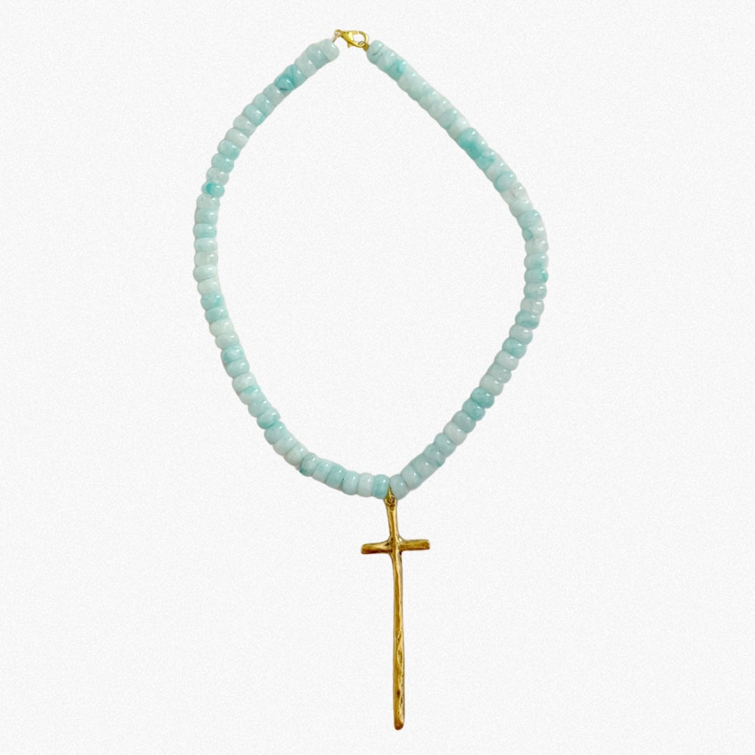 WS Aqua Cross Beaded Necklace
