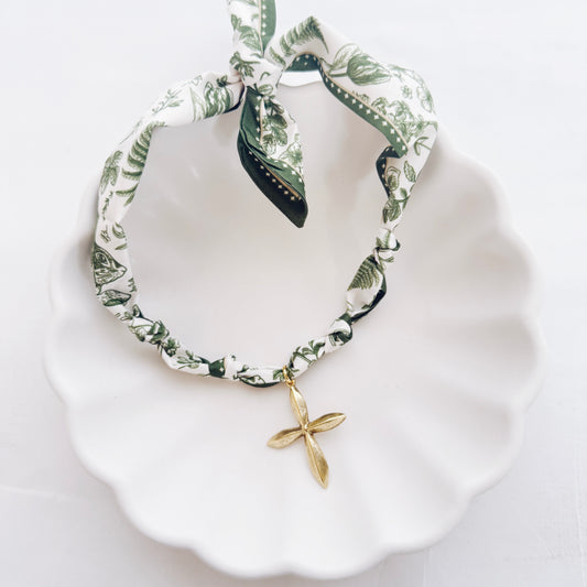 Green Floral Cross Scarf Necklace