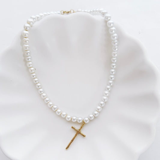 Pearl Beaded Cross Necklace
