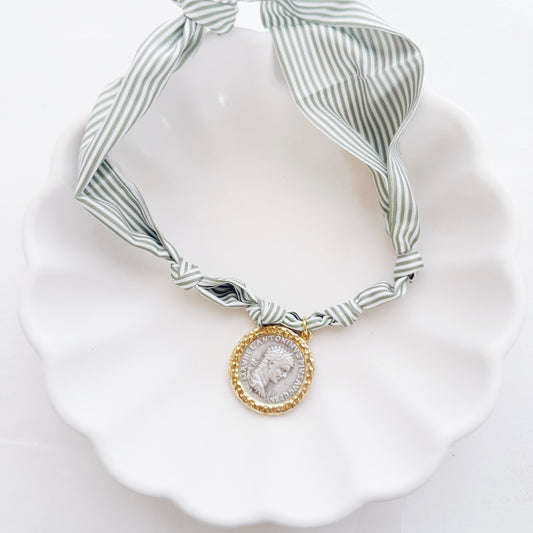 Green Striped Coin Scarf Necklace