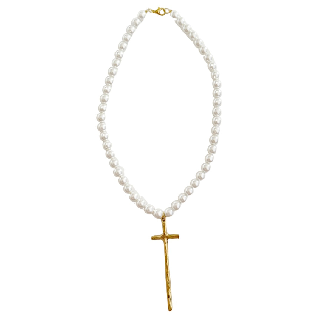 WS Pearl Long Cross Necklace