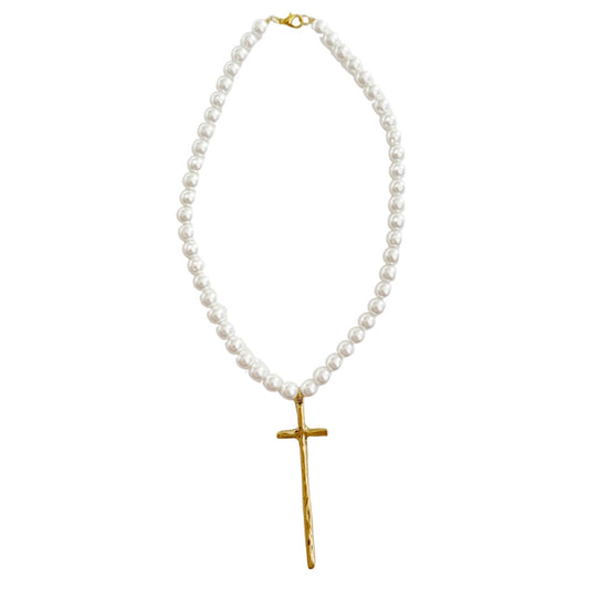 WS Pearl Long Cross Necklace